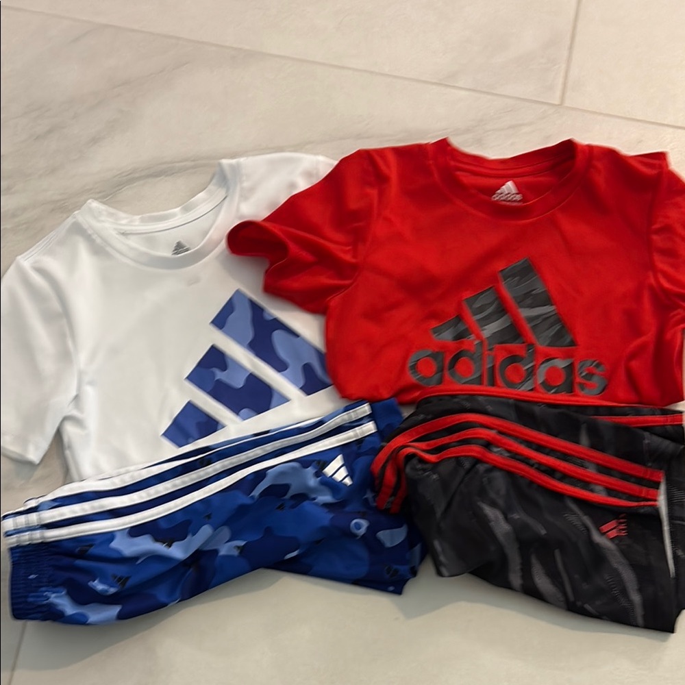 Adidas Red and  White Tees with Blue and Black Shorts